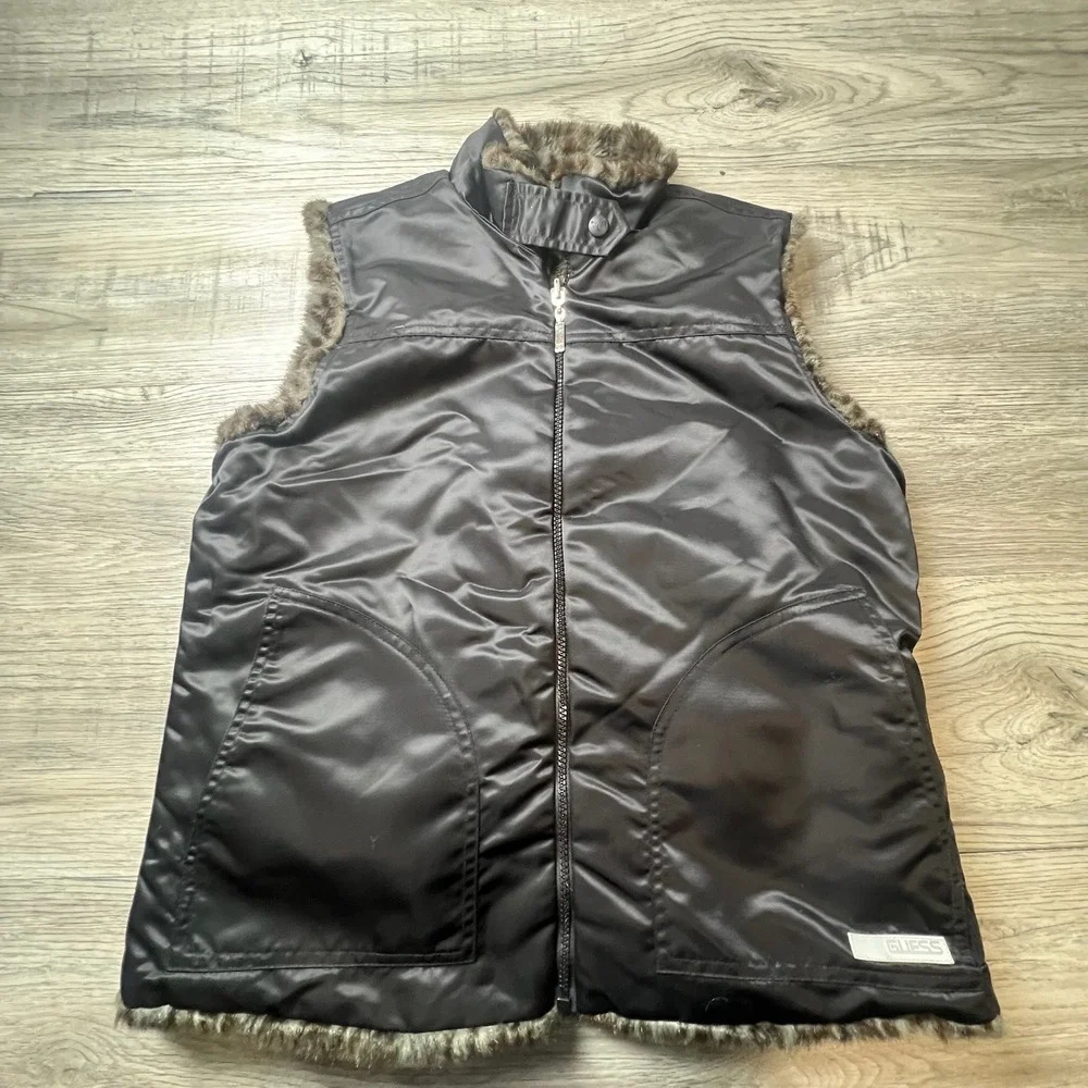 Guess Reversible Vest Womens M Brown Leopard Faux Fur Black Satin Zip Up AF47‎